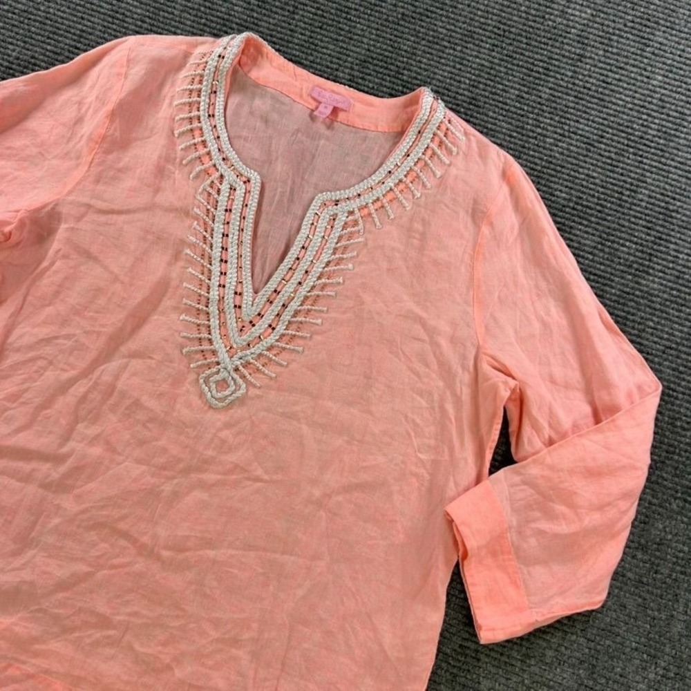 Lilly Pulitzer‎ Pink Tunic Blouse Womens XL Beaded V-Neck 3/4 Sleeves 100% Linen